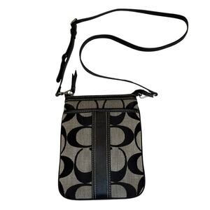 Vintage Coach Canvas Monogram Logo Crossbody Handbag Black Leather Trim